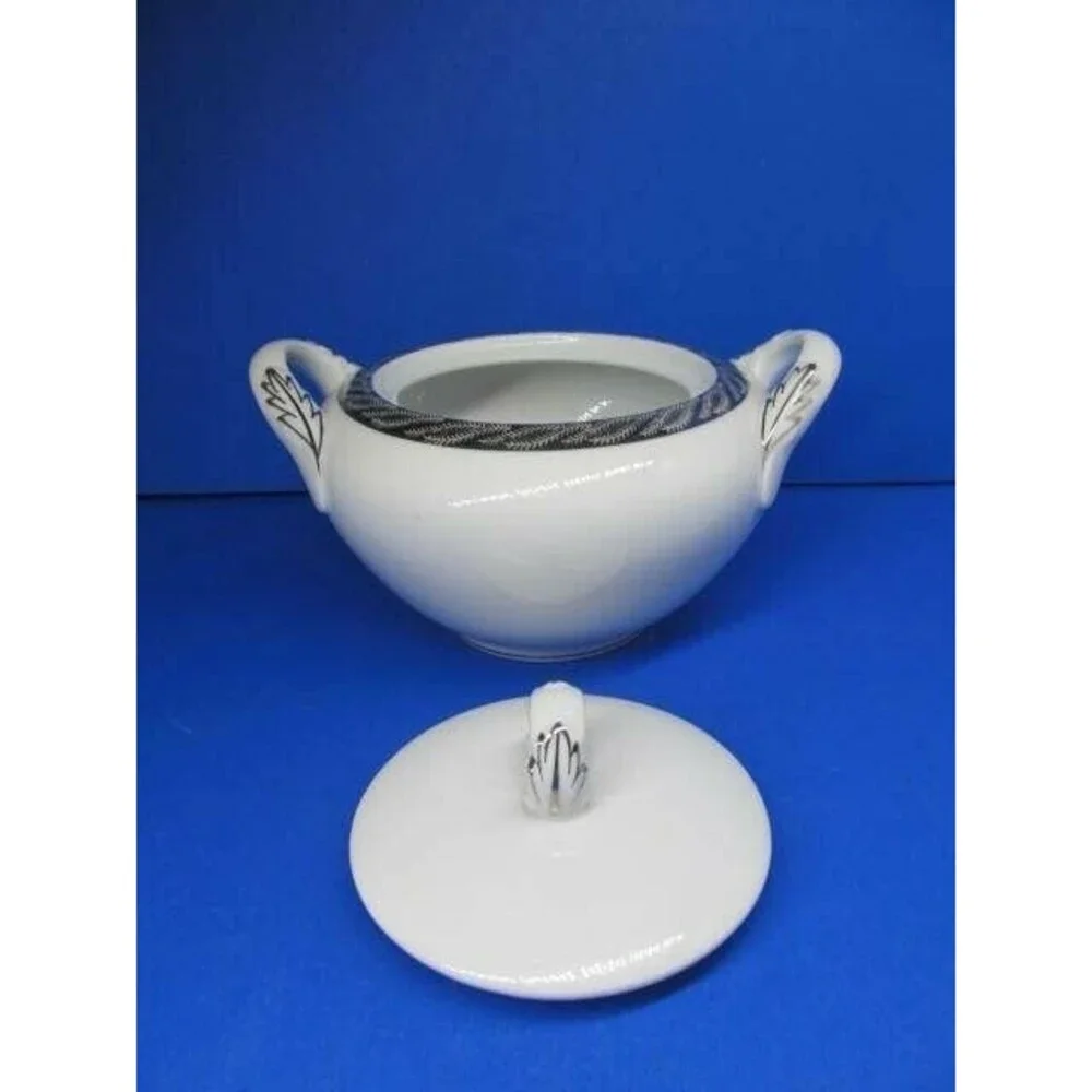 Fukagawa Japan Arita Silver Lichen Pattern 917 Covered Sugar Bowl & Gravy Boat